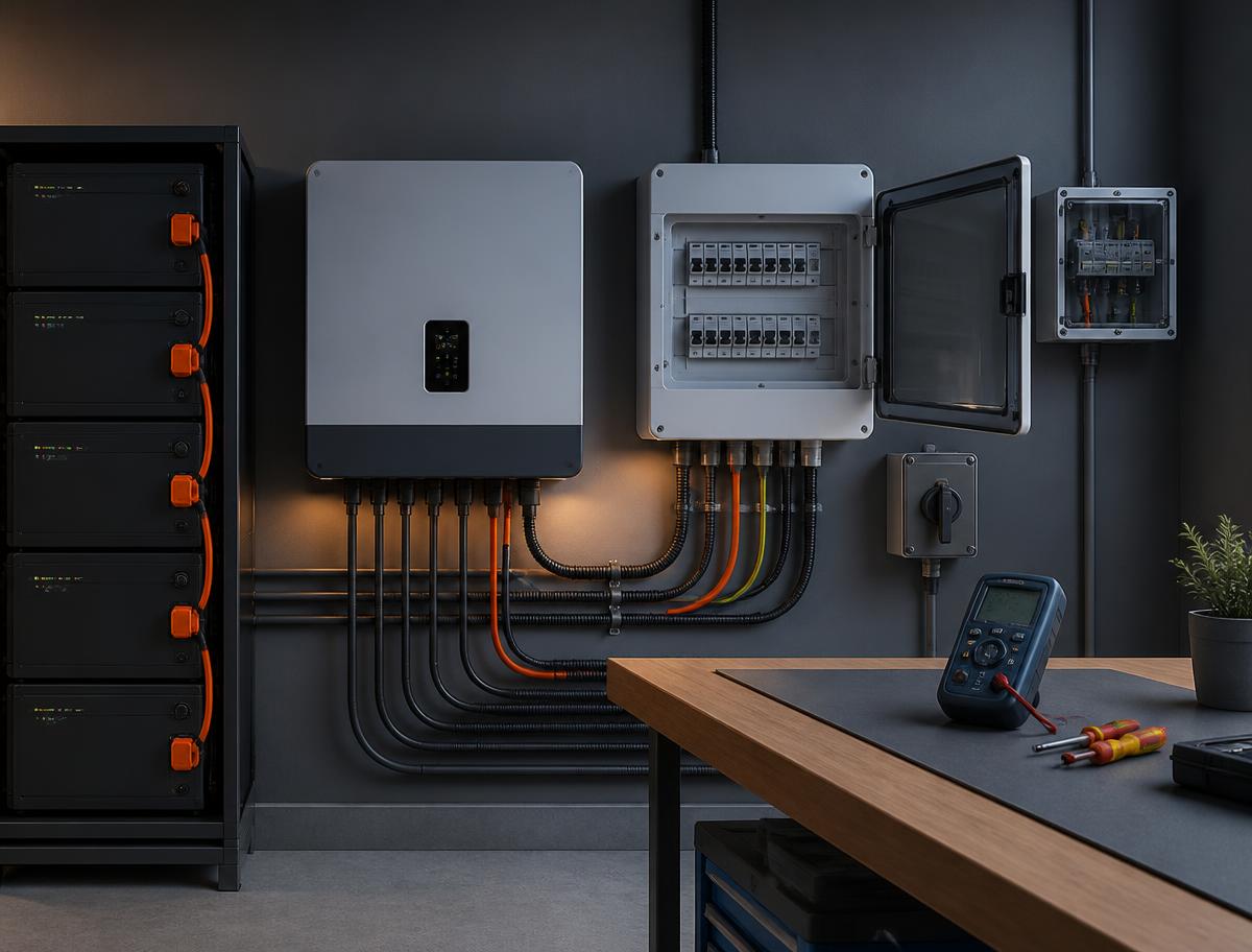 Bateriové úložiště a hybridní střídač v technické místnosti